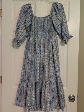 Victoria Dunn Dress Women's Size Large Smocked Bodice Puffed Sleeves Cotton
